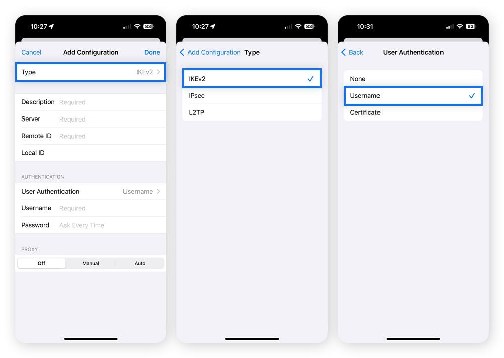 Screenshots showing how to set a VPN protocol and configure VPN settings on an iPhone.
