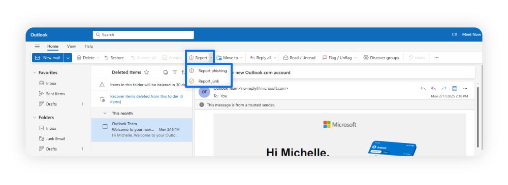 Directions for how to mark spam in Outlook.