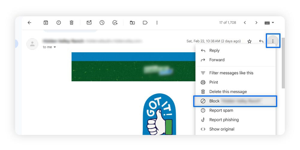 Directions for how to block spam in Gmail.
